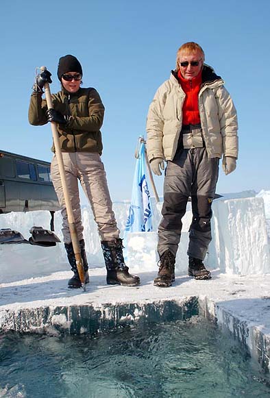 Ice captains and ice instructors Gennady Misan and Tatiana Oparin. Diving center "BaikalTek"